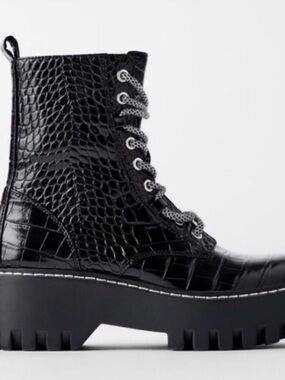 Black Croc-Embossed Platform Lace-Up Boot